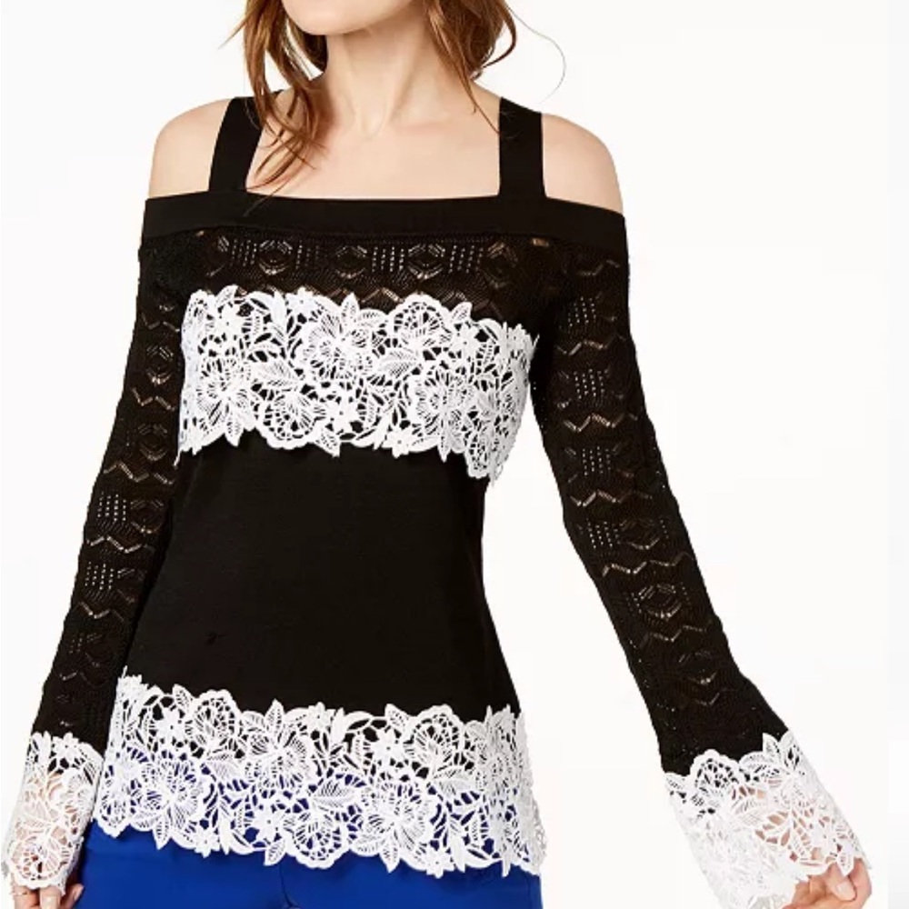 I.N.C. Lace-Trim Pointelle-Sleeve Sweater - Size Medium